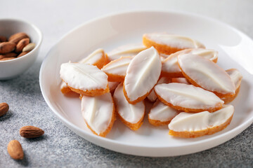 Homemade Calissons. Traditional French sweets on a plate.