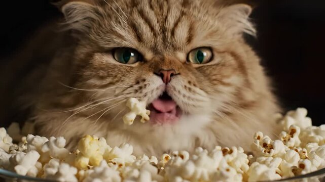 Grumpy Cat Eating Popcorn - Close-up of a fluffy, light brown cat with a grumpy expression eating popcorn. The cat is surrounded by a bowl of popcorn, and appears to be intently focused on something.