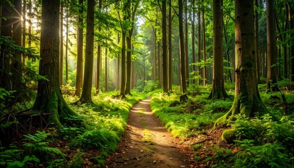 Naklejka premium A sun-drenched forest path winds through a verdant woodland, bathed in morning light.