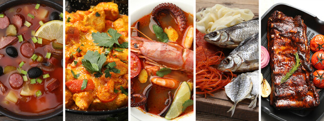 Collection of different dishes with savory taste, collage