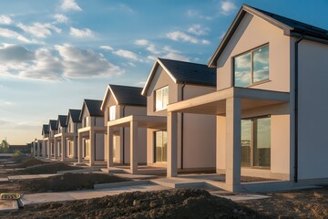 Modern suburban row houses with clean architectural lines and large windows bathed in the warm glow of a setting sun under a cloudy sky