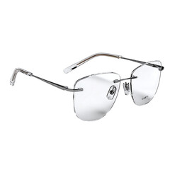 Lightweight titanium rimless glasses, ultra-thin temple arms and floating lenses, clean professional layout, isolated transparent background
