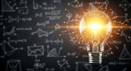 Illuminated Lightbulb with Energy Beams and Mathematical Equations Background
