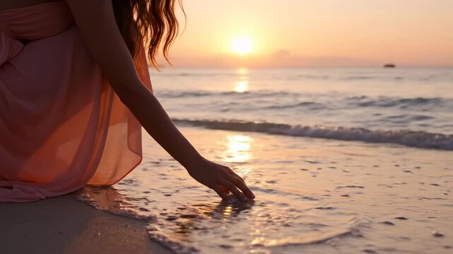Woman in Peach Dress Reaching for Seashell at Sunset - A young woman wearing a flowing peach dress sits on a sandy beach at sunset, her hand reaching out to touch a seashell in the gentle surf.