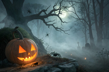 Glowing jack o'lantern with spiders in a spooky graveyard under a full moon on a foggy night scene