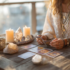 Woman with long hair, dressed in a bohemian style, is reading tarot cards on a wooden table surrounded by candles and crystals, creating a mystical atmosphere for divination