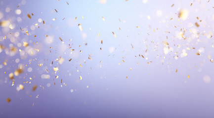 Golden confetti and bokeh lights float on soft pastel blue and lavender background, creating festive and dreamy atmosphere perfect for celebration or party themes