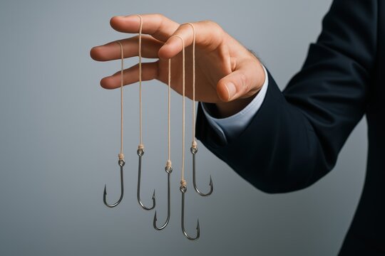 Control in hand: An expressive metaphor, a person's hand manipulates hooks on strings, offering a perspective on manipulation and power, emphasizing an abstract notion of control.