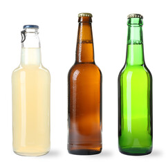 Different types of fresh beer in glass bottles isolated on white, set