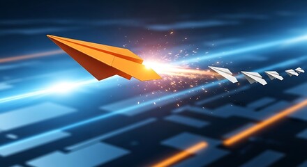 Orange Paper Airplane Leading White Paper Airplanes with Spark Trail