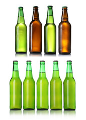 Different types of fresh beer in glass bottles isolated on white, set