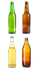 Different types of fresh beer in glass bottles isolated on white, set