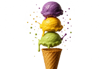 Vibrant triple scoop melting ice cream, isolated on transparent background.