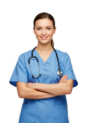 Fototapeta premium Confident Female Nurse in Blue Scrubs with Stethoscope