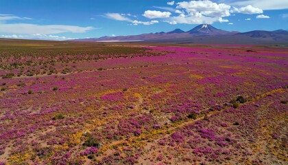 Obraz premium A vast expanse of vibrant pink and yellow flowers carpets the arid landscape, with a snow-capped mountain range as a dramatic backdrop.