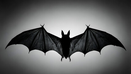 Monochrome bat silhouette with wings spread wide on grayscale gradient background, elegant minimal style with space for copy.