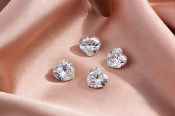 Sparkling clear diamond gemstones with a soft pink satin fabric background and a delicate ribbon accent creating a luxurious and elegant visual for jewelry and fashion concepts