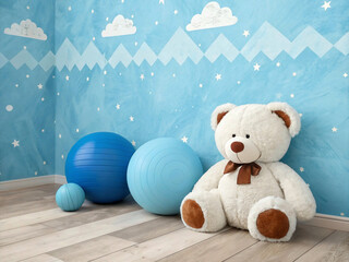 A large teddy bear sits peacefully in a child's bedroom with a starry and cloudy blue wall.