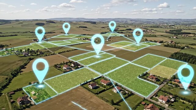 Aerial View of Property Mapping with Location Markers - An aerial shot showcases a rural landscape with superimposed location markers and connecting lines, highlighting individual land plots.
