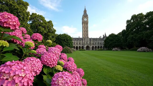 Pink Hydrangeas and Big Ben View - Lush pink hydrangeas in full bloom frame a picturesque view of Big Ben and the Houses of Parliament in London, England.