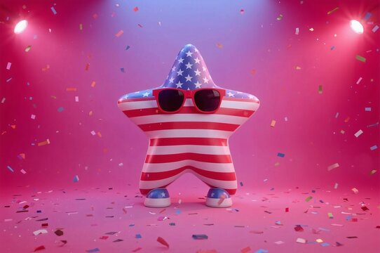 Patriotic star character in sunglasses and confetti
