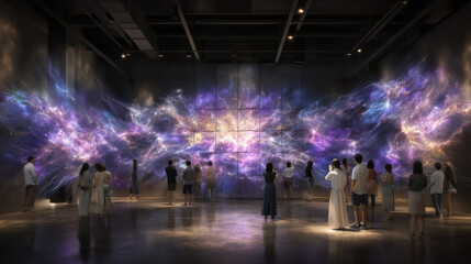 Futuristic art gallery with group of people observing vibrant, colorful digital display. atmosphere is filled with wonder and curiosity as visitors engage with immersive artwork