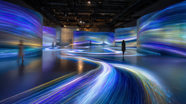 Immersive room with multiple figures surrounded by vibrant, flowing light patterns creating dynamic atmosphere. colorful display evokes sense of wonder and exploration