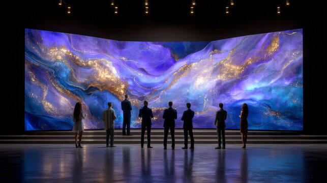 People gathered in front of massive digital display showcasing vibrant colors and abstract patterns, creating mesmerizing visual experience. atmosphere is filled with awe and inspiration