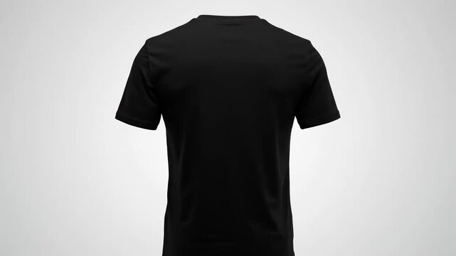 Black T-Shirt Mockup - Back View - Studio shot of a blank black men's t-shirt, displayed from the back on a light grey background. The video is ideal for showcasing designs or branding on apparel.
