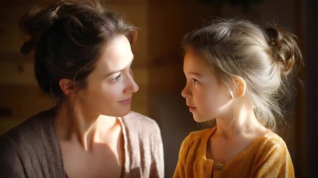 Warm Mother-Daughter Conversation with Gentle Lighting