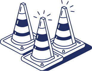 Three orange traffic cones isolated on white with rays vector