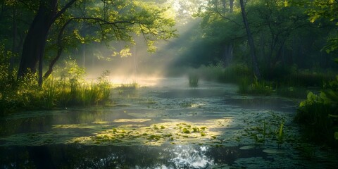 Fototapeta premium The marsh is overgrown with water plants, and the distant croaking of frogs can be heard