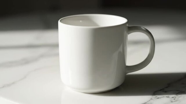 Minimalist White Mug on Marble - A plain white mug sits on a stylish marble surface. Sunlight casts a shadow, creating a clean and modern aesthetic.