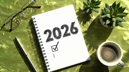 2026 New Year Resolution Planning Checklist Notepad Stop Motion Animation with Coffee Glasses and Plant, Goal Setting Motivation Content, Copy Space - Powered by Adobe