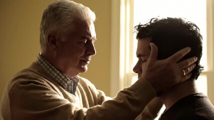 Elderly Father Figure Embracing Young Man with Hands on Head, Emotional Connection Blessing Gesture, Family Bond Moment