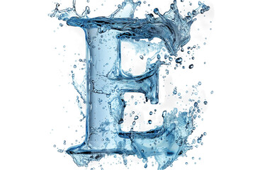 water alphabet letter E from splashes with drops, isolated on white background