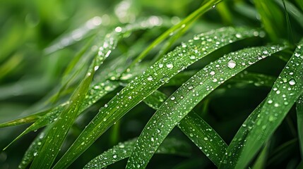 After the rain, the grass is adorned with glistening water droplets on its emerald green leaves