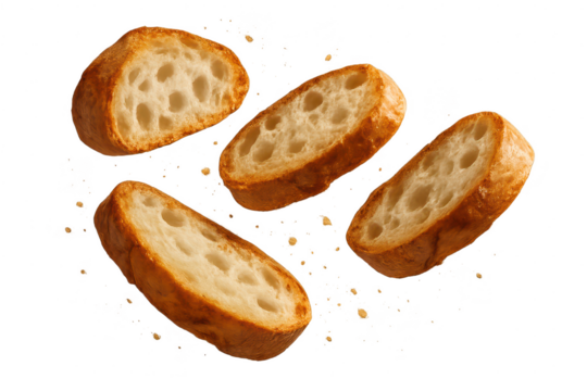 Slices of freshly baked baguette isolated on transparent background design element.