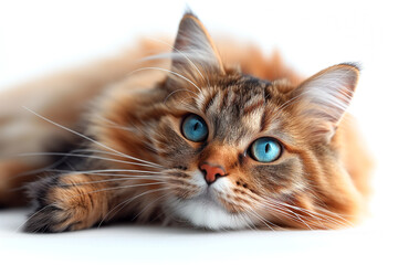 red-haired cat with blue eyes, close-up, isolated on  white background
