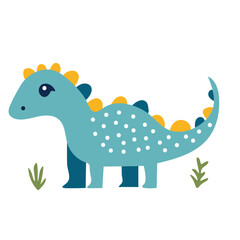 A cartoon blue dinosaur with yellow spikes and white spots standing near green grass on a white background