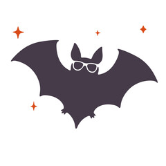 Silhouette of a bat with sunglasses surrounded by orange stars on a white background design art