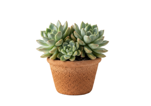 Healthy Echeveria succulent with plump sage-green leaves and reddish tips in a terracotta pot, isolated on a white studio background, concept of natural product photography