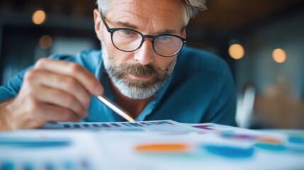 Focused businessman analyzing charts in blurred office highlighting strategic risk management for financial trade exposure reduction.