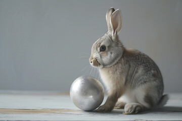 easter bunny with silver shiny egg