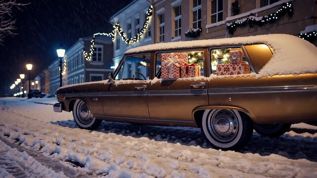 Vintage station wagon with holiday lights and presents parked in snow-covered street. Concept of cozy festive nostalgia

