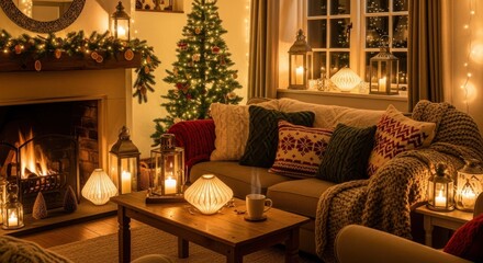 Cozy Christmas Living Room Scene With Fireplace and Tree