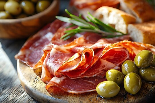 Thin slices of spanish ham paired with olives and bread, with sunlight casting down and a blurred background