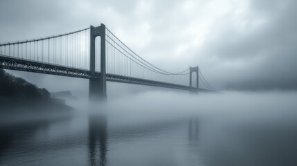 Obraz premium Foggy suspension bridge stretching across wide river, thick mist covers water, calm dawn light, dramatic and atmospheric landscape with minimal details
