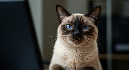 Close-up of a stunning Siamese cat with blue eyes.