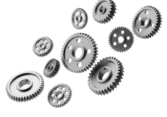 Miniature, precision-engineered silver steel gears with perfect teeth and lustrous reflections, floating weightlessly on a transparent studio void, Concept of mechanical precision and industrial